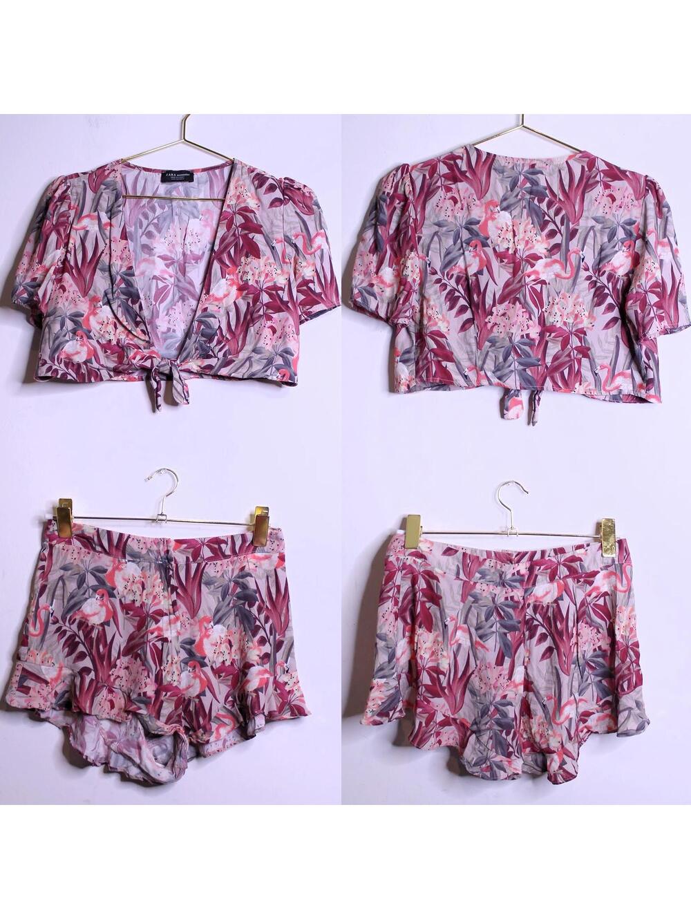 Zara Flamingo Tropical Crop Top Shorts Vacation Set - Medium